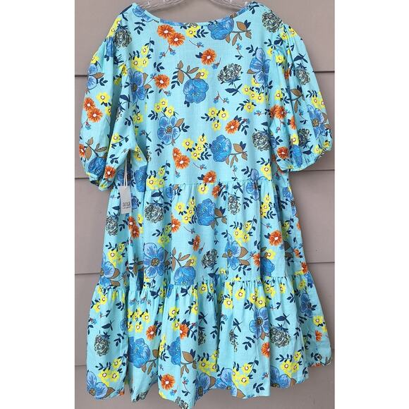 a.n.a. Tiered Short Cottage Dress 100% Cotton Floral Turquoise Blue Orange Sz 2X - Picture 3 of 12